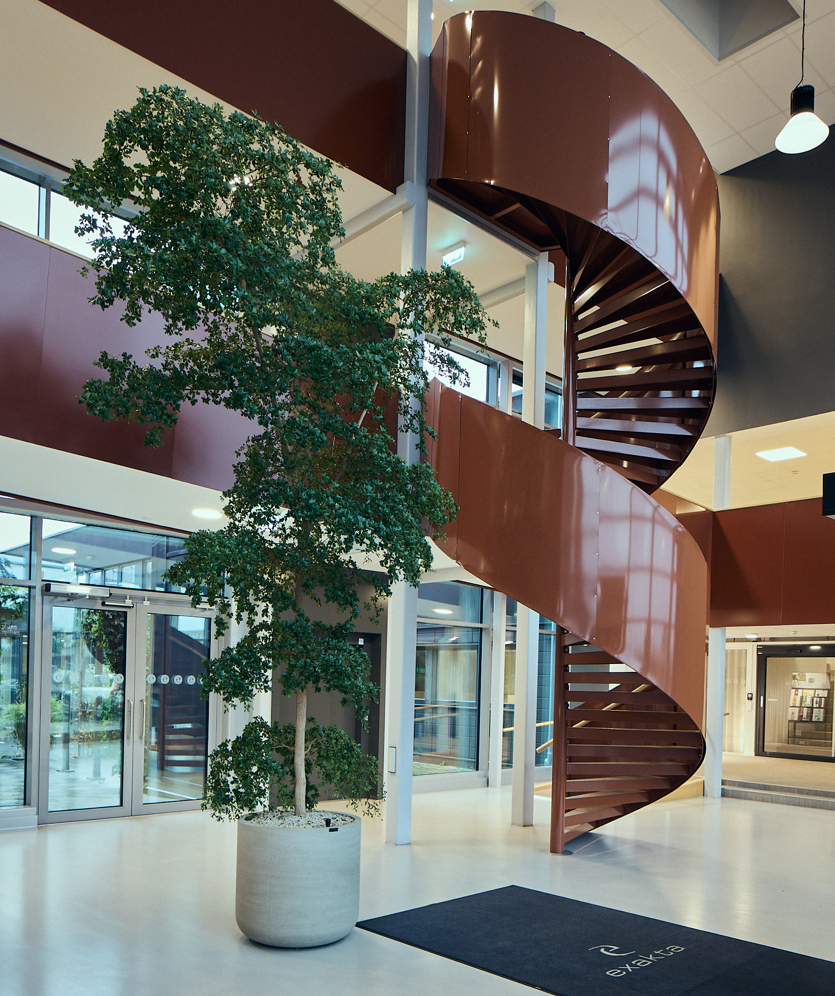 Lobbyn på Exakta: En stor grön krukplanta och en brunorange trappa som leder till flera våningar.